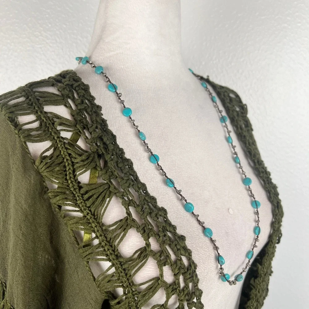 ☘️5/$25 Lucky Brand Boho Turquoise Western Theme Long Beaded Necklace Silver